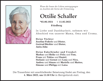Traueranzeige von Ottilie Schaller von Friedberger Allgemeine