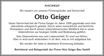 Traueranzeige von Otto Geiger von Landsberger Tagblatt, Augsburger Allgemeine