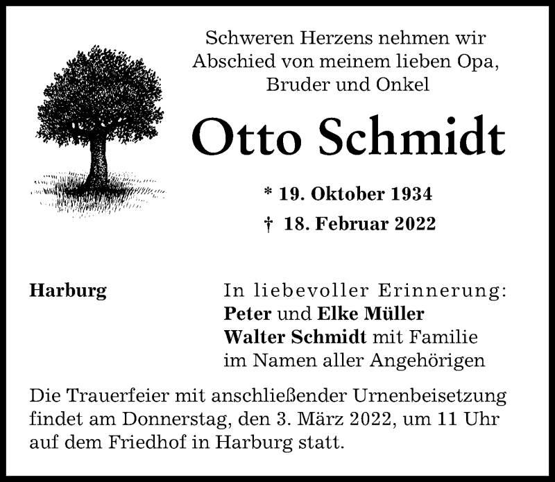  Traueranzeige für Otto Schmidt vom 26.02.2022 aus Donauwörther Zeitung