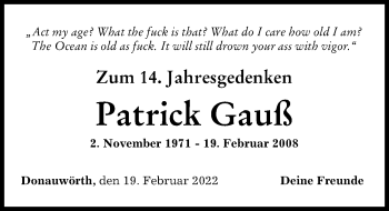 Traueranzeige von Patrick Gauß von Donauwörther Zeitung
