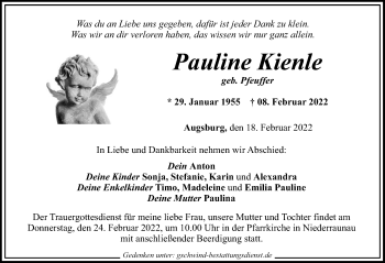 Traueranzeige von Pauline Kienle von Mittelschwäbische Nachrichten