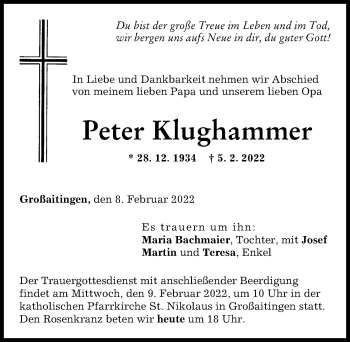 Traueranzeige von Peter Klughammer von Schwabmünchner Allgemeine