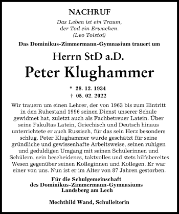 Traueranzeige von Peter Klughammer von Landsberger Tagblatt
