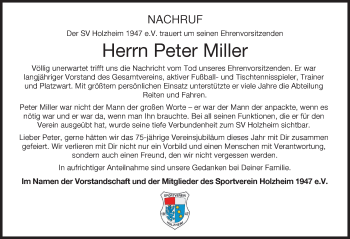 Traueranzeige von Peter Miller von Donau Zeitung