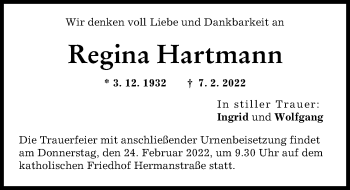 Traueranzeige von Regina Hartmann von Augsburg-Land