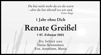 Traueranzeige von Renate Greißel von Augsburger Allgemeine