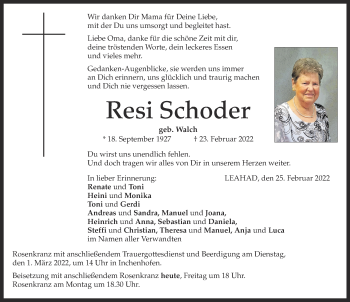 Traueranzeige von Resi Schoder von Aichacher Nachrichten
