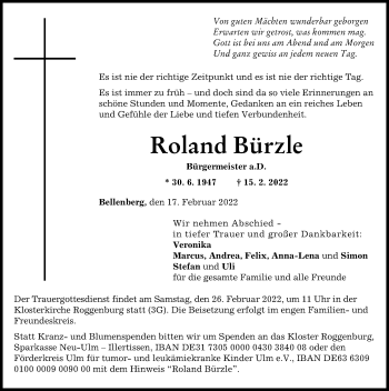 Traueranzeige von Roland Bürzle von Illertisser Zeitung, Neu-Ulmer Zeitung