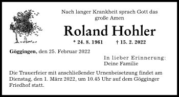 Traueranzeige von Roland Hohler von Augsburger Allgemeine
