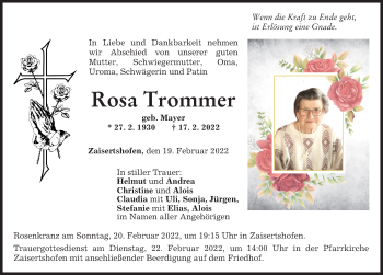 Traueranzeige von Rosa Trommer von Mindelheimer Zeitung