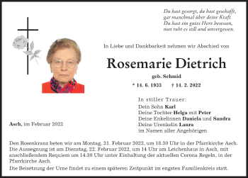 Traueranzeige von Rosemarie Dietrich von Landsberger Tagblatt