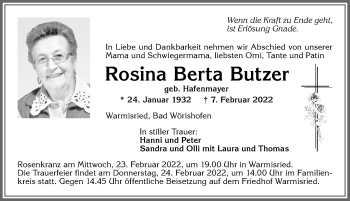 Traueranzeige von Rosina Berta Butzer von Mindelheimer Zeitung