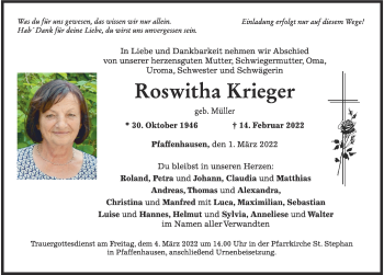 Traueranzeige von Roswitha Krieger von Mindelheimer Zeitung