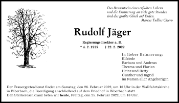 Traueranzeige von Rudolf Jäger von Augsburger Allgemeine