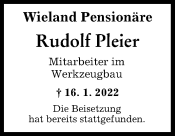 Traueranzeige von Rudolf Pleier von Illertisser Zeitung, Neu-Ulmer Zeitung