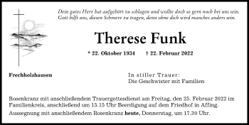 Traueranzeige von Therese Funk von Aichacher Nachrichten