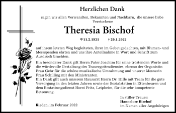 Traueranzeige von Theresia Bischof von Günzburger Zeitung