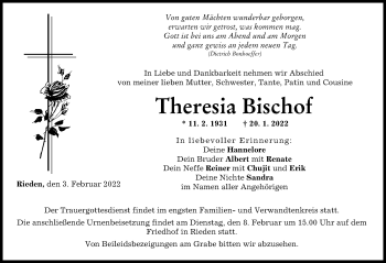 Traueranzeige von Theresia Bischof von Günzburger Zeitung