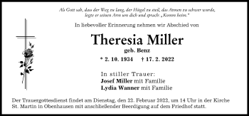 Traueranzeige von Theresia Miller von Illertisser Zeitung