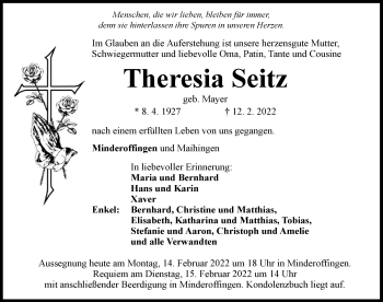 Traueranzeige von Theresia Seitz von Rieser Nachrichten