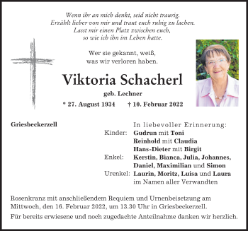 Traueranzeige von Viktoria Schacherl von Aichacher Nachrichten