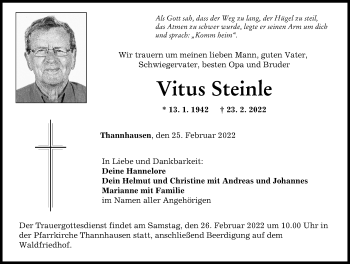 Traueranzeige von Vitus Steinle von Augsburg-Land, Mittelschwäbische Nachrichten
