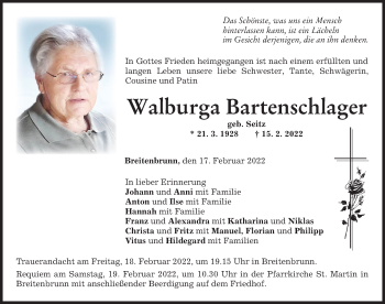 Traueranzeige von Walburga Bartenschlager von Mindelheimer Zeitung