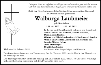 Traueranzeige von Walburga Laubmeier von Friedberger Allgemeine