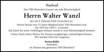 Traueranzeige von Walter Wanzl von Donauwörther Zeitung