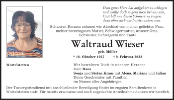 Traueranzeige von Waltraud Wieser von Wertinger Zeitung