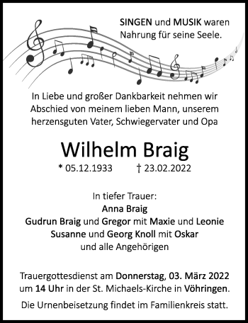 Traueranzeige von Wilhelm Braig von Illertisser Zeitung
