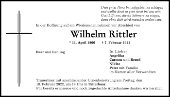 Traueranzeige von Wilhelm Rittler von Aichacher Nachrichten