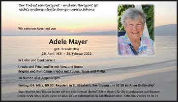 Traueranzeige von Adele Mayer von Augsburger Allgemeine