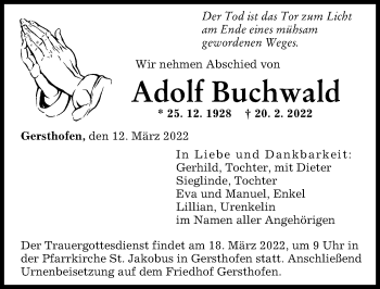 Traueranzeige von Adolf Buchwald von Augsburger Allgemeine