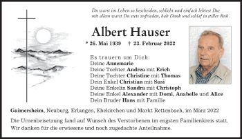 Traueranzeige von Albert Hauser von Neuburger Rundschau