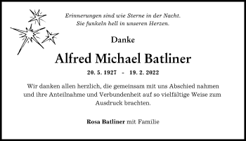 Traueranzeige von Alfred Michael Batliner von Schwabmünchner Allgemeine