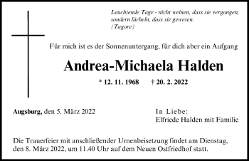 Traueranzeige von Andrea-Michaela Halden von Augsburger Allgemeine