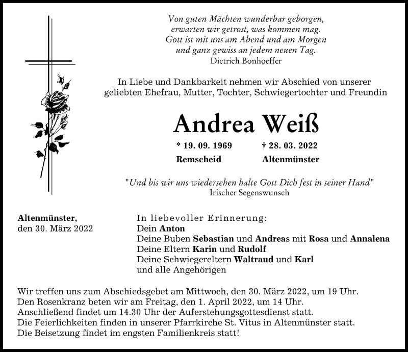  Traueranzeige für Andrea Weiß vom 30.03.2022 aus Wertinger Zeitung, Günzburger Zeitung, Augsburg-Land