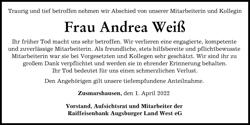  Traueranzeige für Andrea Weiß vom 01.04.2022 aus Augsburg-Land