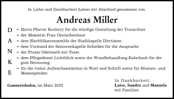 Traueranzeige von Andreas Miller von Illertisser Zeitung