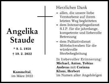 Traueranzeige von Angelika Staude von Günzburger Zeitung