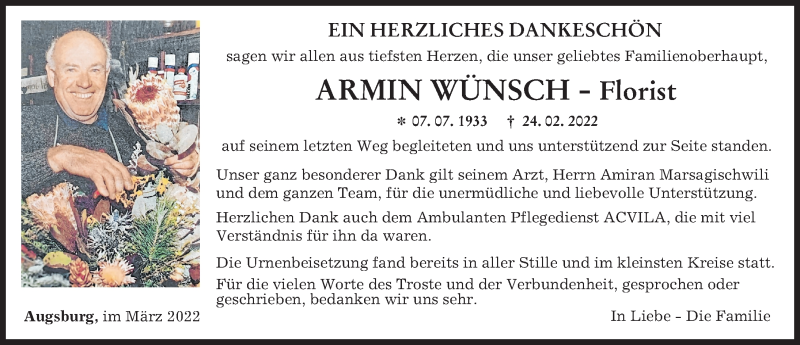  Traueranzeige für Armin Wünsch vom 19.03.2022 aus Augsburger Allgemeine