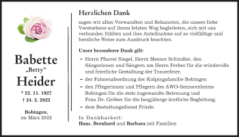 Traueranzeige von Babette Heider von Schwabmünchner Allgemeine
