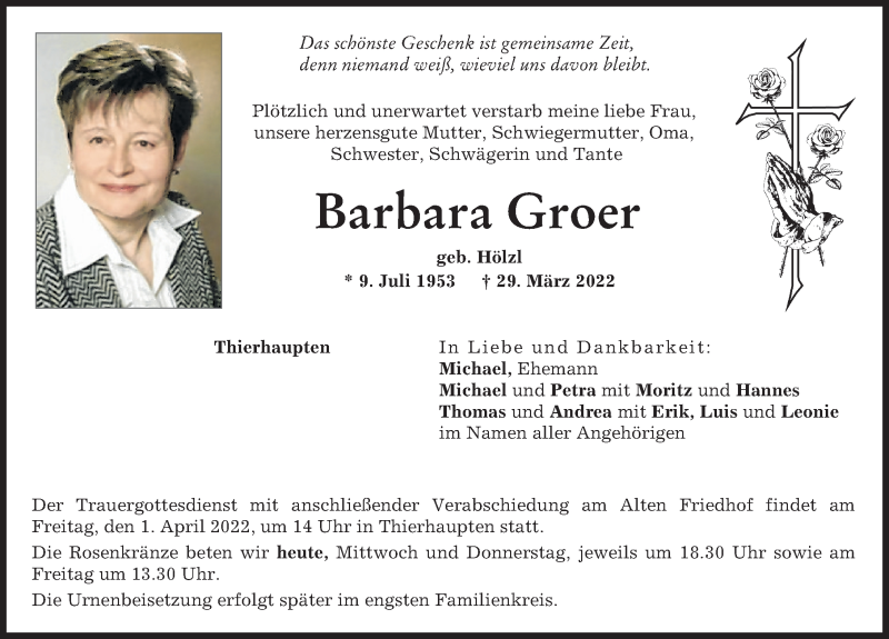  Traueranzeige für Barbara Groer vom 30.03.2022 aus Augsburg-Land