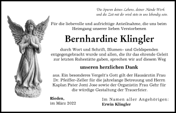 Traueranzeige von Bernhardine Klingler von Günzburger Zeitung