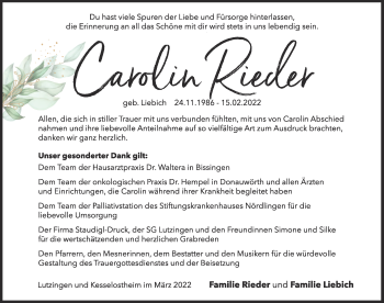 Traueranzeige von Carolin Rieder von Donau Zeitung, Donauwörther Zeitung