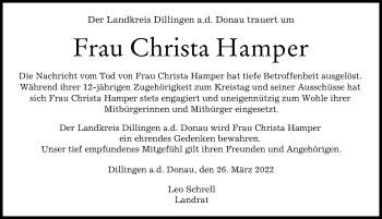 Traueranzeige von Christa Hamper von Donau Zeitung