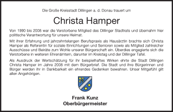 Traueranzeige von Christa Hamper von Donau Zeitung