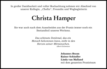 Traueranzeige von Christa Hamper von Donau Zeitung