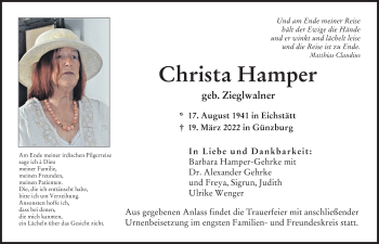 Traueranzeige von Christa Hamper von Donau Zeitung